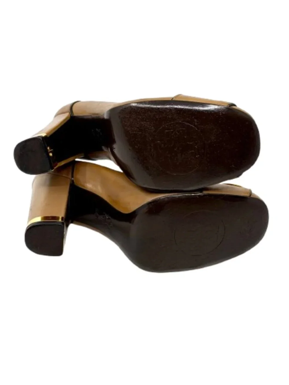 TORY BURCH~Maddie~BLOCK HEEL PUMPS BROWN LEATHER REVA LOGO Size 8.5